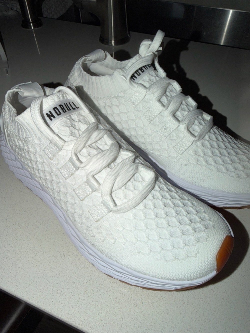 NOBULL White Knit Athletic Shoes with Brown Toe Caps - Picture 4 of 7